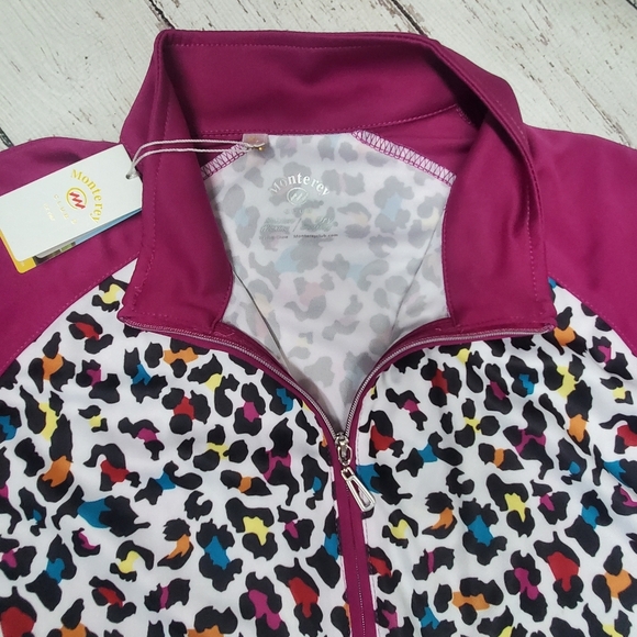 Monterey Club Women's Pro Leopard Print Block 3/4 Sleeve Zip Top. XL - Picture 2 of 12